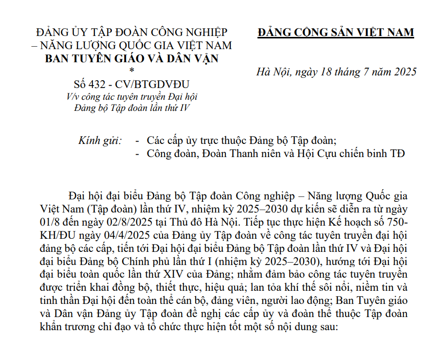 V/v công tác tuyên truyền Đại hội Đảng bộ Tập đoàn lần thứ IV”